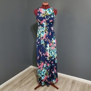 Wanna B Maxi Dress Dark Blue Pink Flowers Pockets Elastic Waist